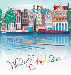 荷兰阿姆斯特丹运河市风景典型的荷兰码头房屋和船只图片