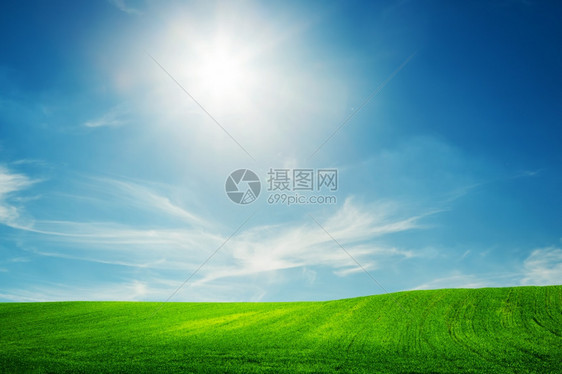 新鲜绿草的春地蓝阳光明媚的天空风景背主题图片