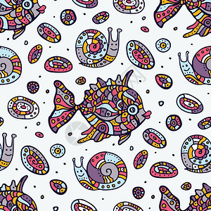 卡通装饰花纹鱼和蜗牛矢量元素背景图片