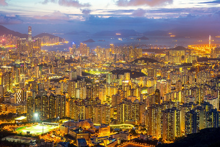 香港天际九龙来自飞角山日落图片