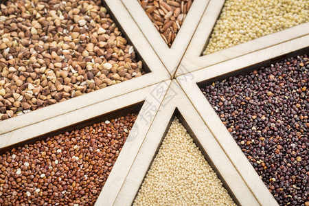 木盘中各种无谷质物红和黑基诺亚黄麦棕色阿马拉尼和小米重点是奎诺亚和阿马拉尼特图片