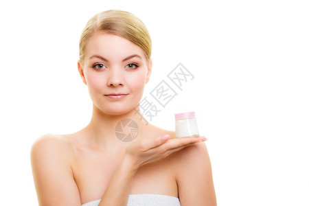 皮革年轻女盛着化妆乳液罐美容治疗图片