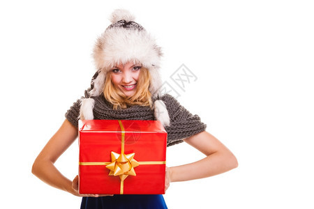 圣诞节日情人39日庆和快乐的人们概念穿着冬毛假帽的金发女郎图片