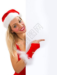 圣诞美女偷看从空白标志广告牌孤立图片