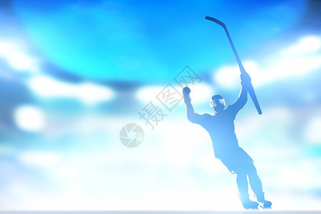 曲棍球运动员庆祝目标胜利手举坚持在空中赢得比赛全场夜光图片