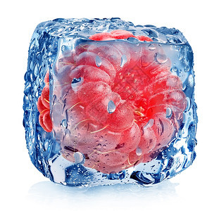 白冰中的粉红草莓孤立在白的冰面上图片