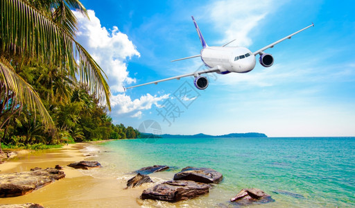 航空客机从热带海飞过图片