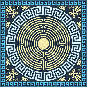 传统的古金蓝色广场和圆形希腊装饰品Meander迷宫和花式图片