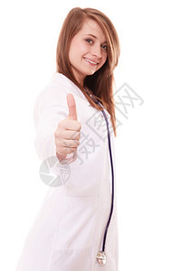 医生的听诊器显示成功手势的拇指图片