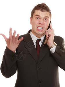 愤怒的人用手机说话愤怒的商人尖叫白色的面部阴表情被孤立图片