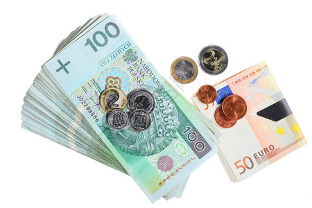 货币硬纸抛光和欧元钞票白背景孤立图片