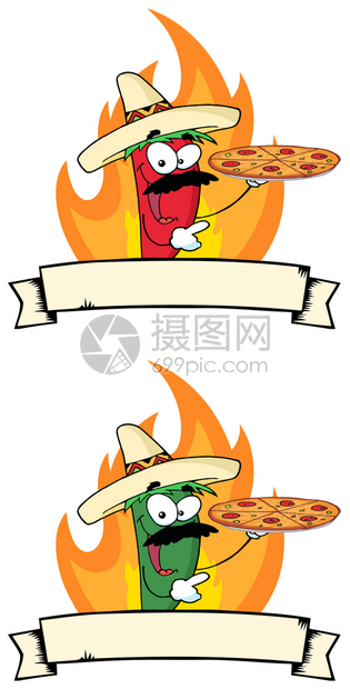 做披萨的红绿辣椒人卡通漫画矢量插图图片