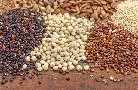 高梁红和黑的quinoa和其他无糖谷物牛奶棕米小麦图片