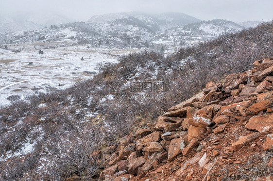 科罗拉多州林斯堡附近的洛里州立公园基山丘陵上暴雪图片