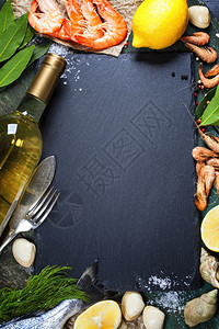 Seafood和Wine的食品背景许多复制空间图片