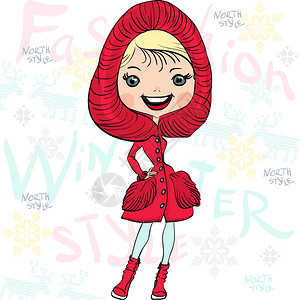 冬季穿红皮大衣的矢量时装女孩图片