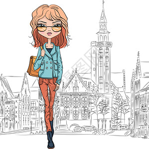 夏天模特街上提着购物袋戴着眼镜的漂亮时装模特插画