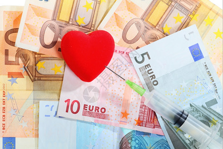 治疗和高费用保健服务概念红心注射器用欧元纸钞背景图片