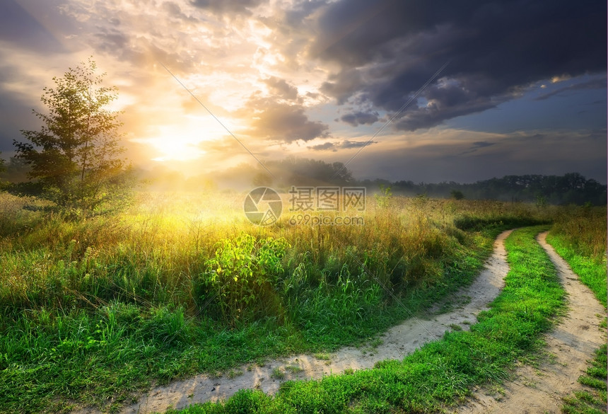 公路上的太阳和灰云图片