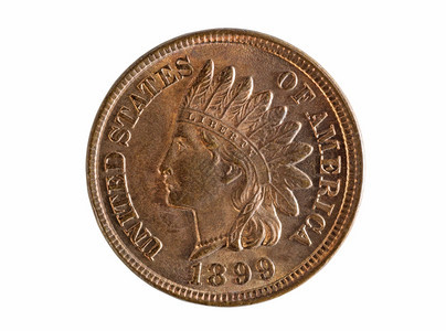 美利坚合众国印度头一分硬币白底孤立硬币是未传播的品位薄荷状态图片