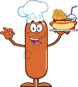 快乐的厨师香肠加卡通字符携带热狗法式薯条和可乐图片