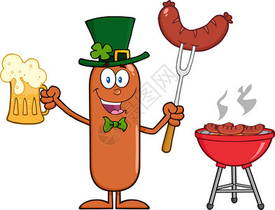 BBQ烤翅LeprechaunSausage卡通字符持有啤酒和腊肠紧靠BBQ插画