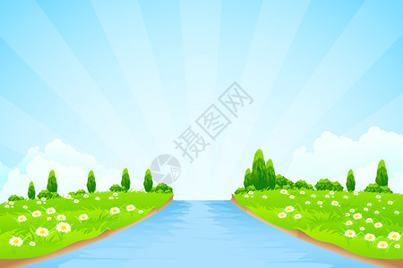 蓝色天空下的绿色草地和河流图片