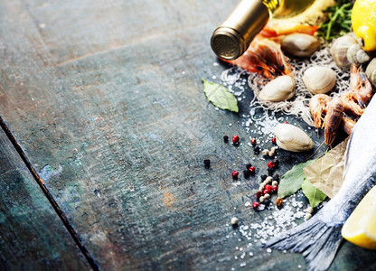 Seafood和Wine的食品背景许多复制空间图片