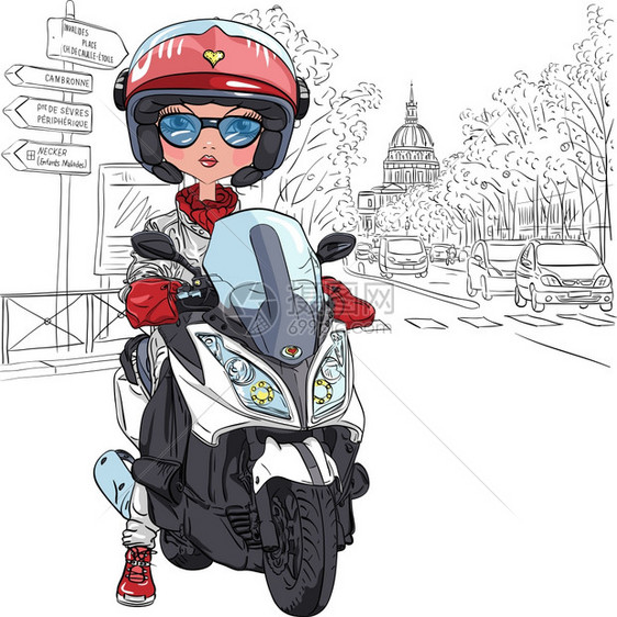 在巴黎的一辆摩托车上漂亮的时装女郎在巴黎的摩托车上图片