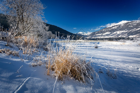 阳光明日阿尔卑斯山雪覆盖高地谷的冬季风景图片