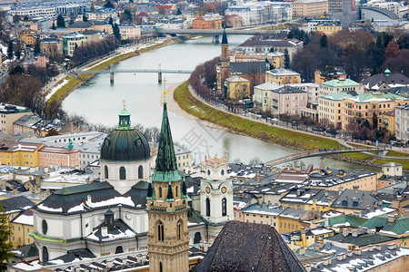 奥地利萨尔茨堡Salzach河美丽的空中风景图片