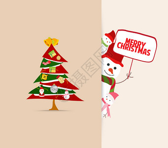 带树装饰和雪人圣诞贺卡图片