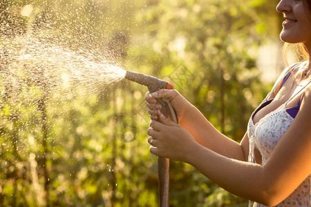 植物水女在炎热的阳光天用水管浇灌花园的紧贴照片背景