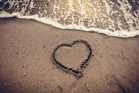 在沙海滩上画出的心脏近照片图片
