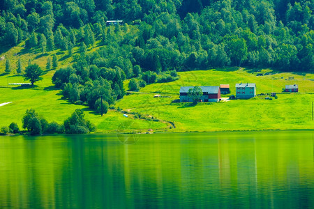 挪威住宅在山中美丽的峡湾风景在挪威斯堪的纳维亚图片