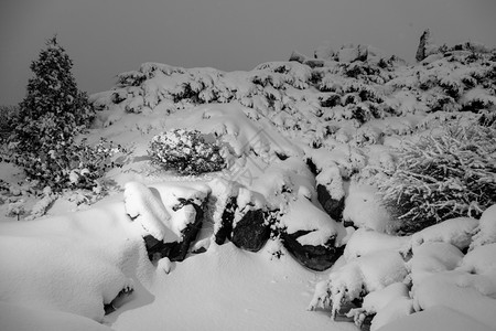 夜里被雪覆在中向外拍摄的喀尔巴阡山悬崖图片