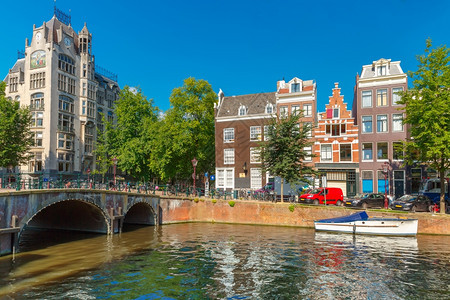 荷兰阿姆斯特丹运河桥梁和典型房屋船只和自行车的城市景象图片