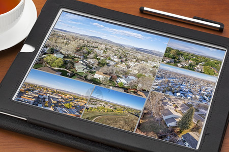 在科罗拉多州北部林斯堡的一个数字平板电脑房地产和住宅区的空中图片审查所有图像均由摄影师在屏幕上提供版权图片