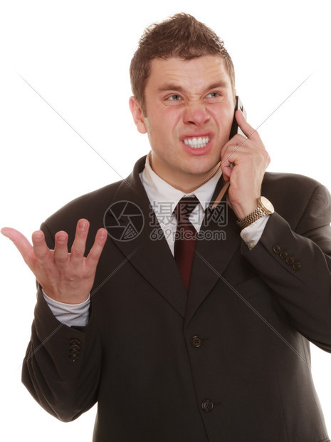 愤怒的人用手机说话愤怒的商人尖叫白色的面部阴表情被孤立图片