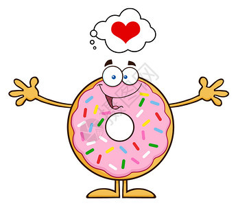 有趣的甜圈卡通字符与喷洒思考爱和想要抱图片