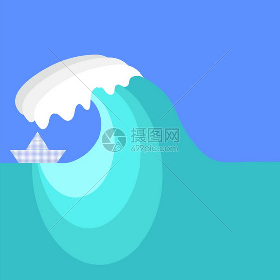 卡通矢量海浪和纸船背景图片