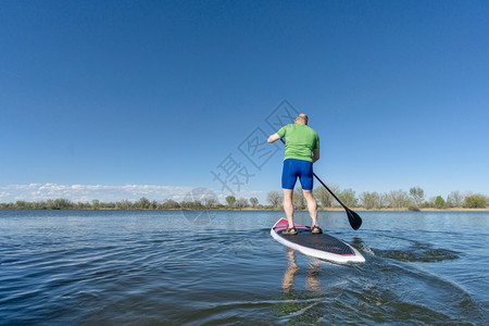 SUP站在桨板上的高级男在科罗拉多蓝天下的湖上图片