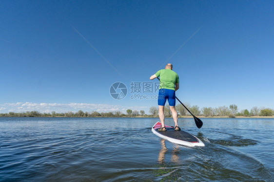 SUP站在桨板上的高级男在科罗拉多蓝天下的湖上图片