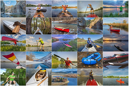 从科罗拉多州收集的划船图以各种只Kayak独木舟外游艇散装拖船站起桨板和同一型男为主图片