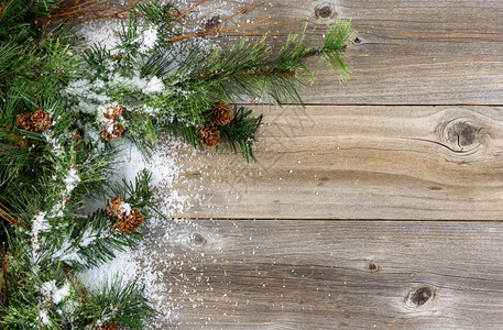 圣诞边框与生锈木板上粗绿色的枝锥形和雪以水平格式布局图片