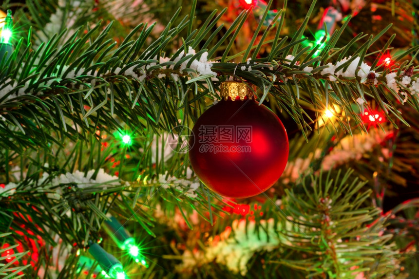 紧贴着一个红色圣诞装饰品灯光和雪在一棵真正的fir树上图片
