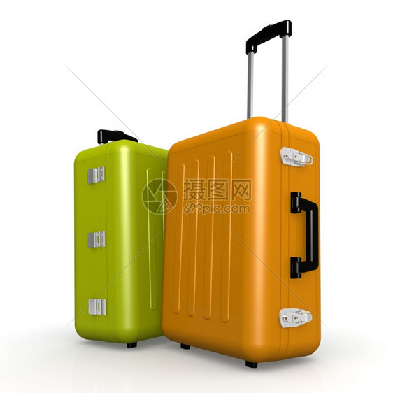 橙色和绿行李站在地板的图像上面有高深的画作可用于任何图形设计图片