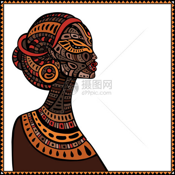 美丽的非洲妇女概况手画种族图解图片