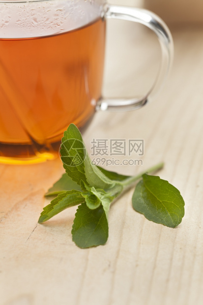 玻璃杯加茶和新鲜的SteviaRebaudiana树叶甜的图片