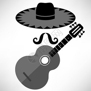 墨西哥吉他白色背景的帽子和胡墨西哥吉他图片
